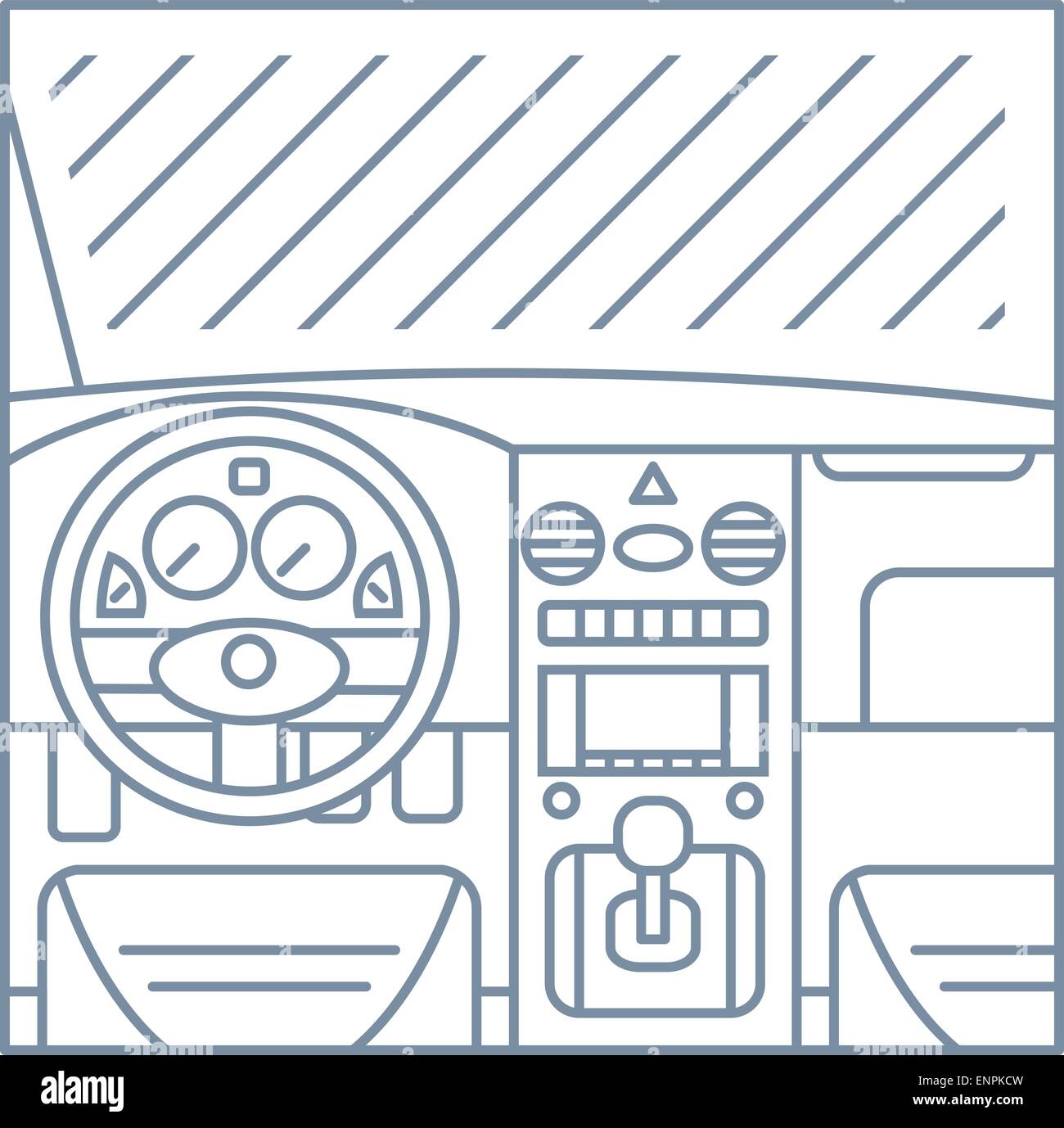 Piatto linea semplice illustrazione della vettura vista interna - finestra, whell, pannello, pedali Illustrazione Vettoriale