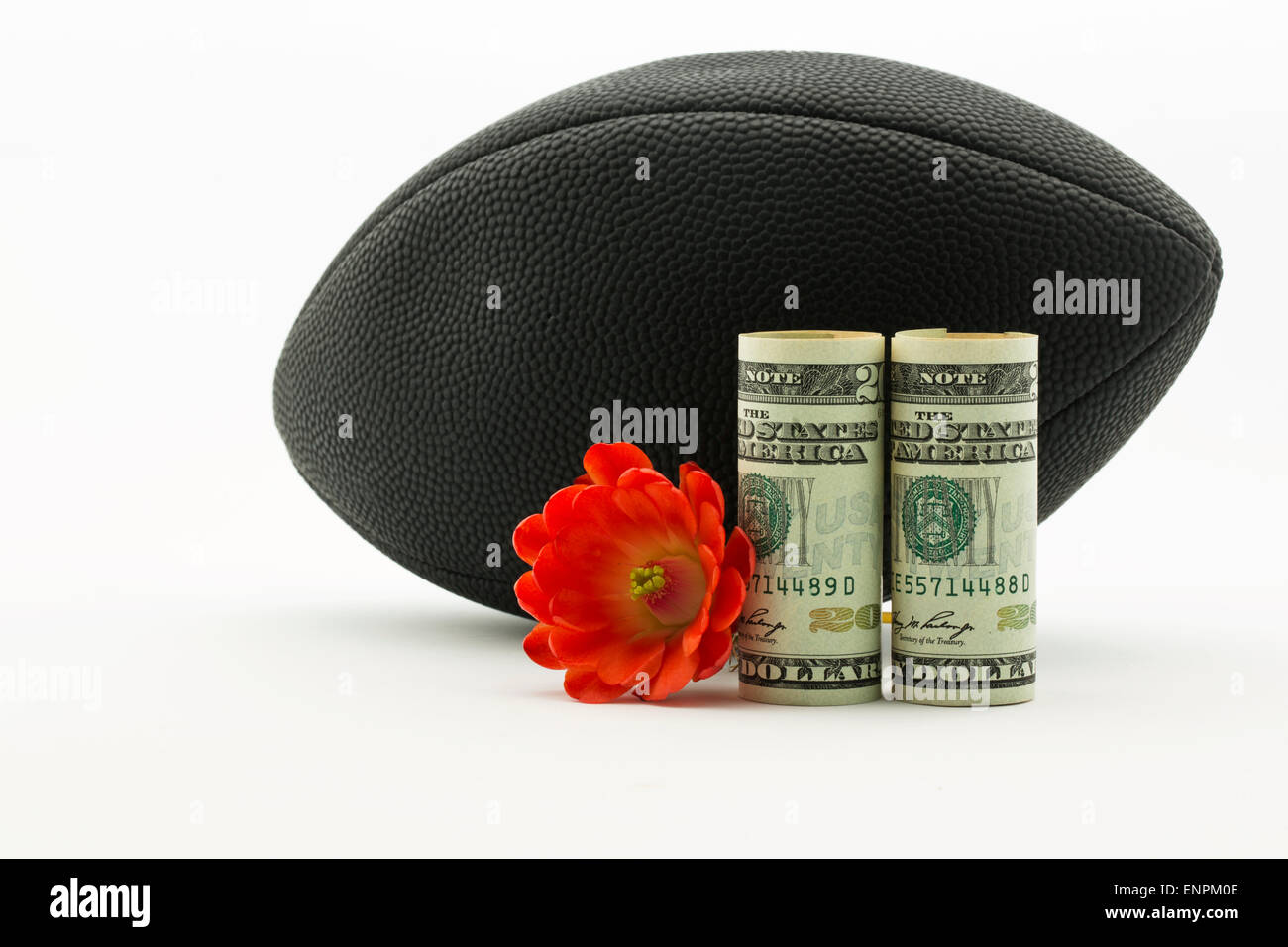 Moneta americana con fiore rosso nella parte anteriore del calcio nero; sullo sfondo bianco e spazio copia; Foto Stock