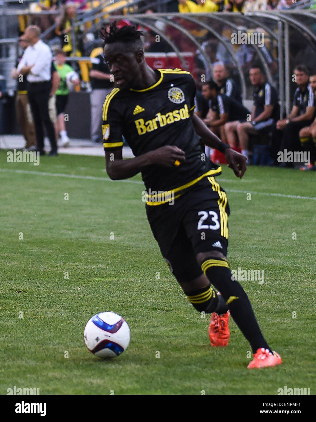 Columbus Crew avanti Kei Kamara (23) gestisce la palla durante una stagione regolare corrispondenza tra Columbus Crew SC e sirene di Seattle FC a Mapfre Stadium di Columbus, OH. Foto Stock