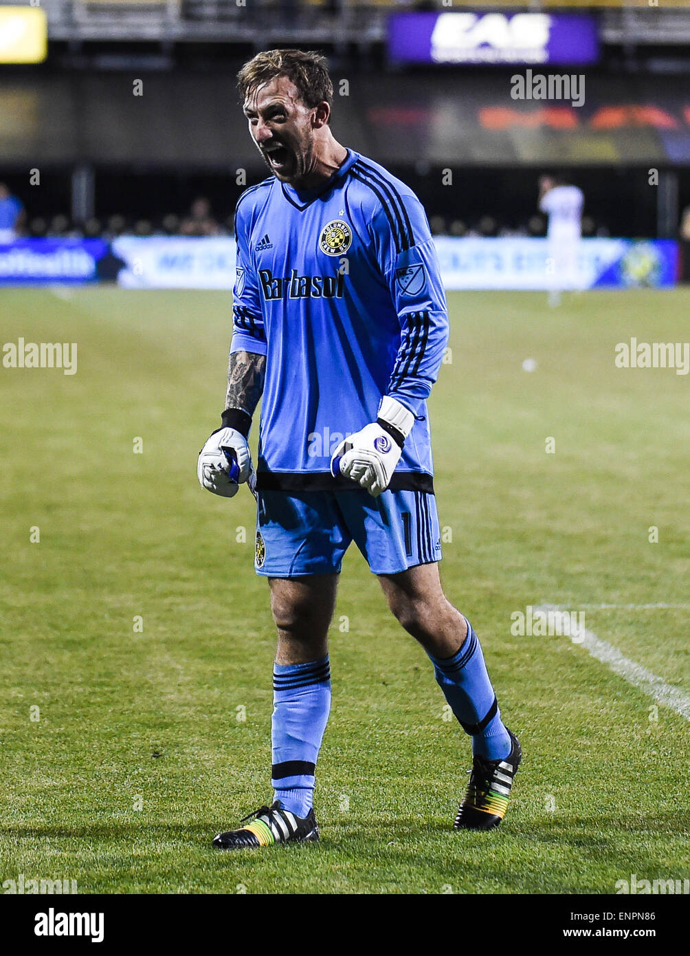 Columbus Crew portiere Steve Clark (1) celebra un equipaggio SC vincere durante una stagione regolare corrispondenza tra Columbus Crew SC e sirene di Seattle FC a Mapfre Stadium di Columbus, OH. Foto Stock