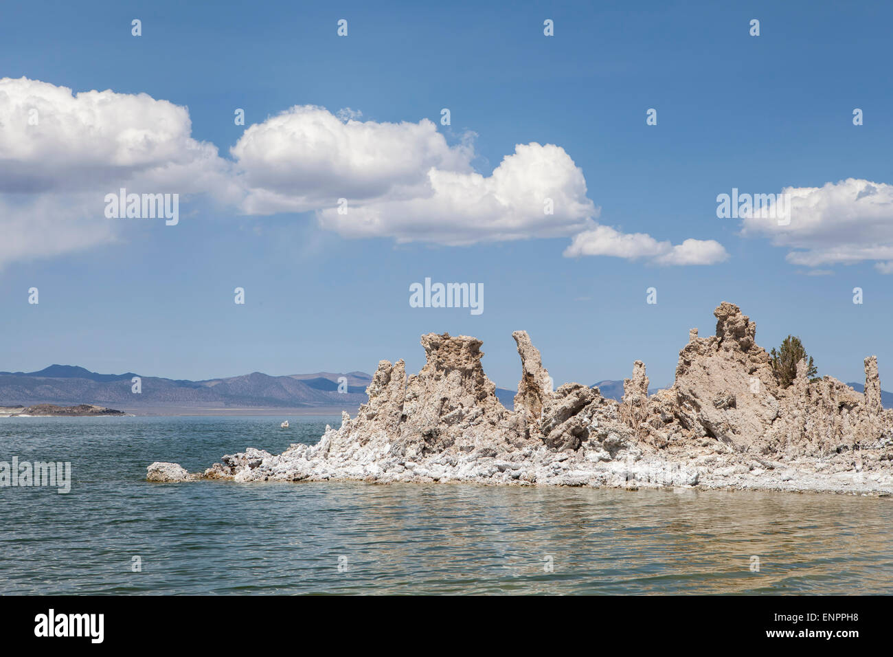 Lago mono in California's high desert con torri di tufo e puffy nuvole. Foto Stock