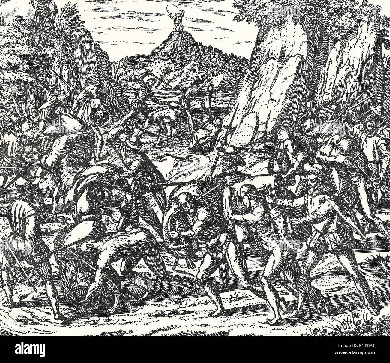 Omicidio e la mutilazione dagli spagnoli del loro sovraccarico onere nativo portatori, circa 1500 Foto Stock