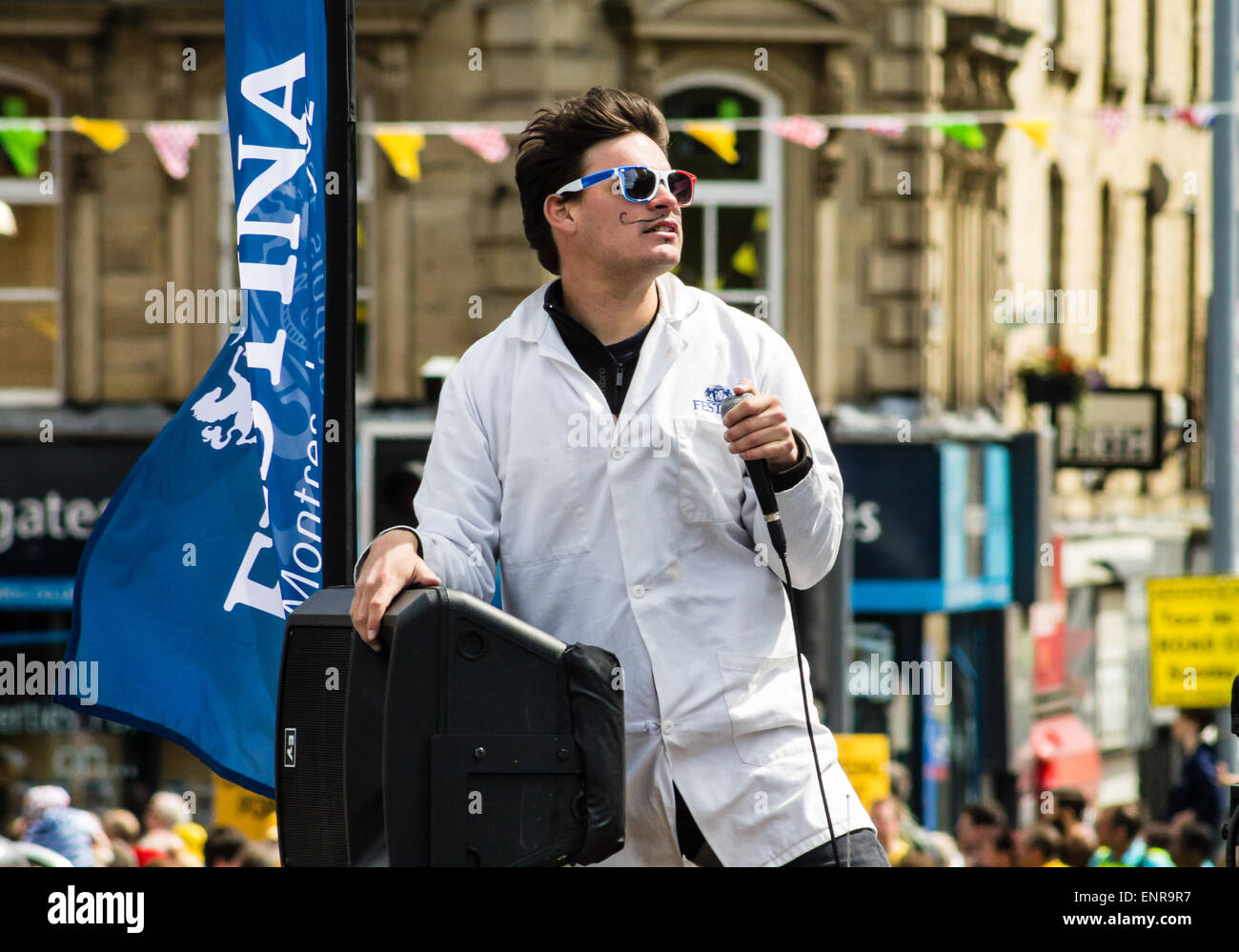 Inserzionista nel Tour de France, Skipton, Regno Unito. Foto Stock