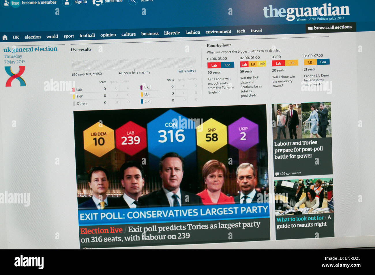 Il Guardian sito web che mostra la scossa exit poll subito dopo 10pm il 7 maggio 2015 nell'elezione generale BRITANNICA. Foto Stock