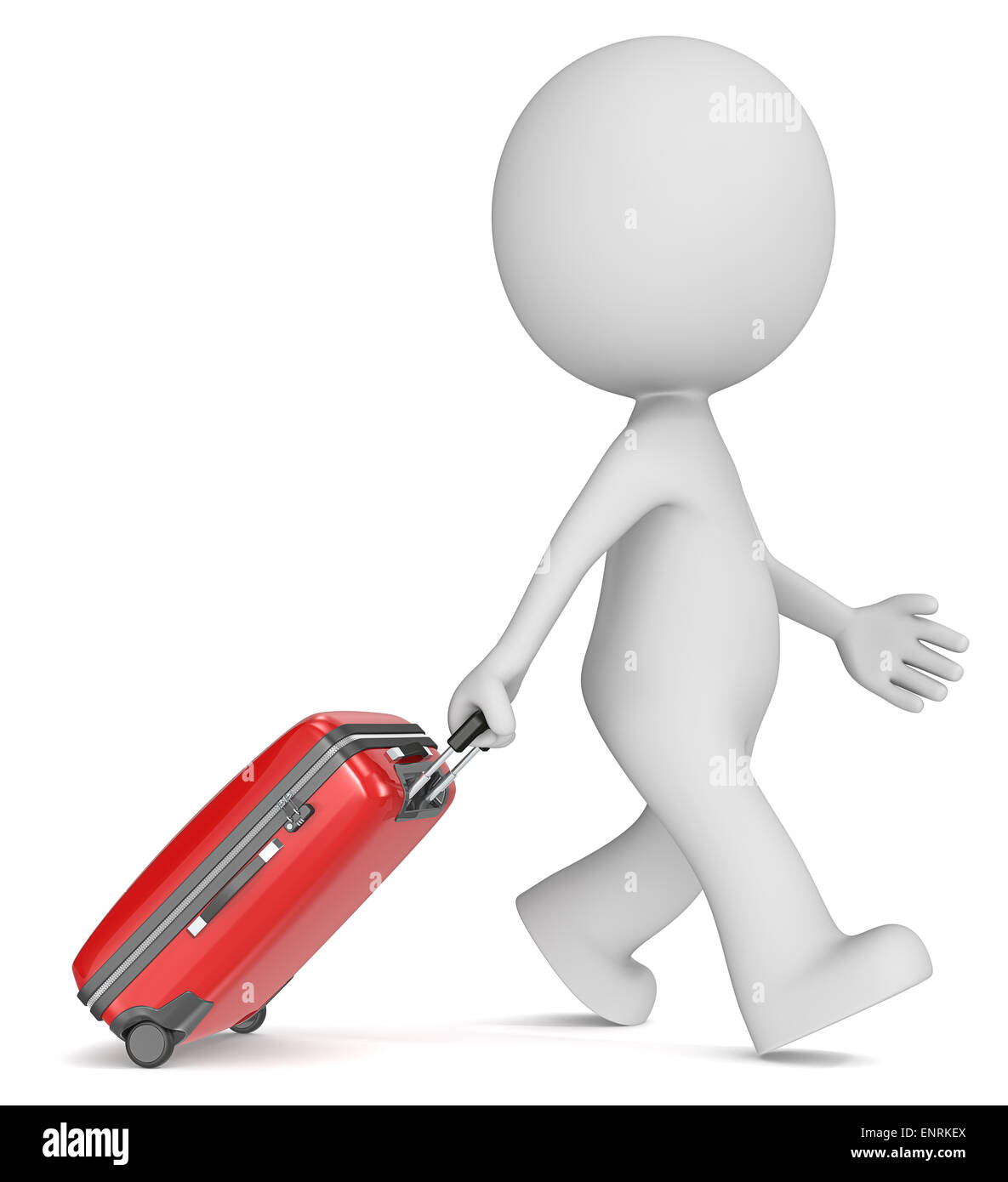 Il tizio 3D carattere camminando con rosso valigia moderna. Foto Stock