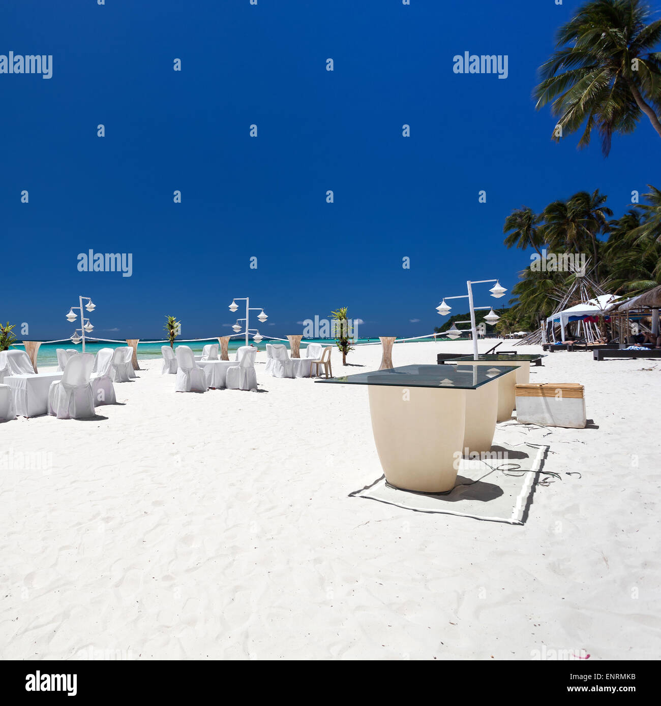 Decorazioni per matrimoni sulla spiaggia tropicale Foto Stock
