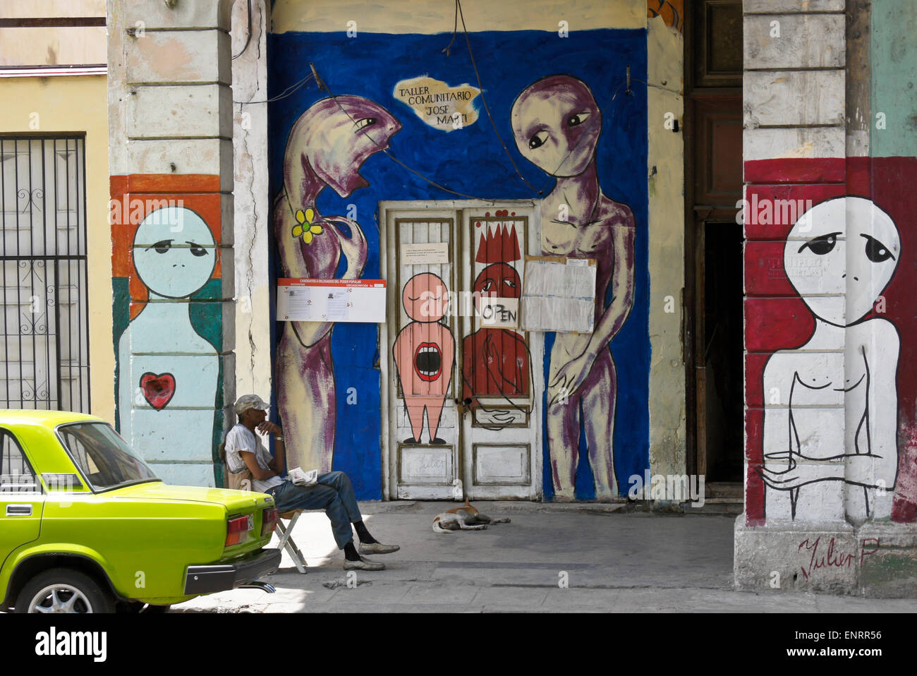 Illustrazione sulla costruzione lungo il Prado (Paseo de Marti), Havana, Cuba Foto Stock