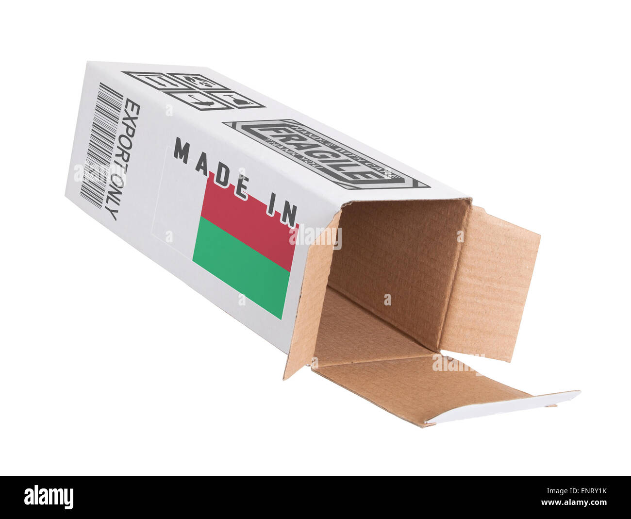 Concetto di esportazione, aperto cassetta della carta - il prodotto del Madagascar Foto Stock