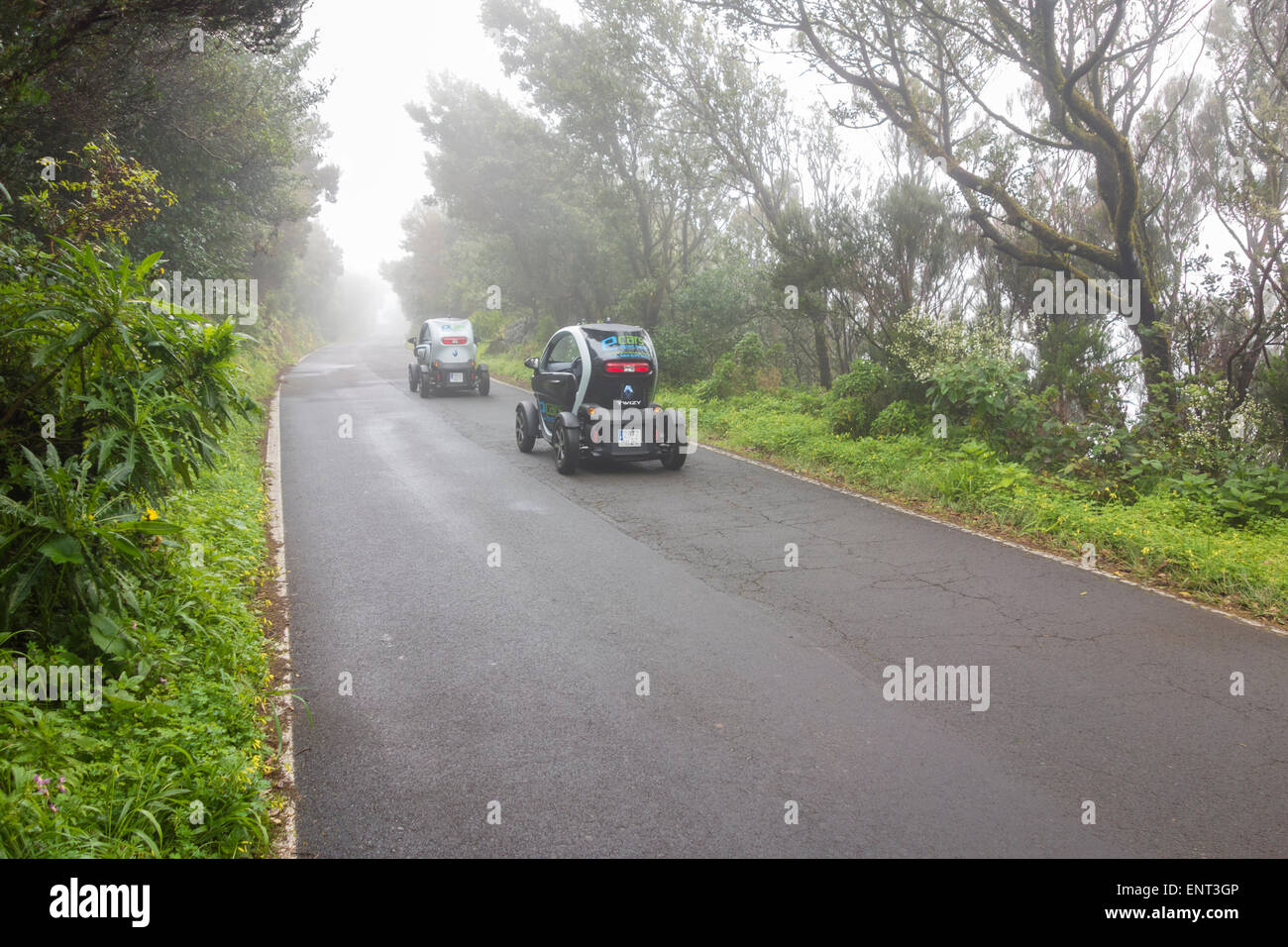 Renault Twizy electric noleggio auto sulla strada di montagna nelle montagne di Anaga su Tenerife, Isole Canarie, Spagna Foto Stock