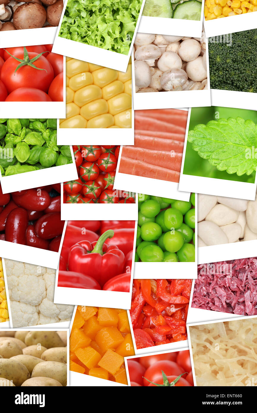 Vegan e vegetariana verdure sfondo con pomodori, paprica, lattuga, patate, fagioli e cetrioli Foto Stock