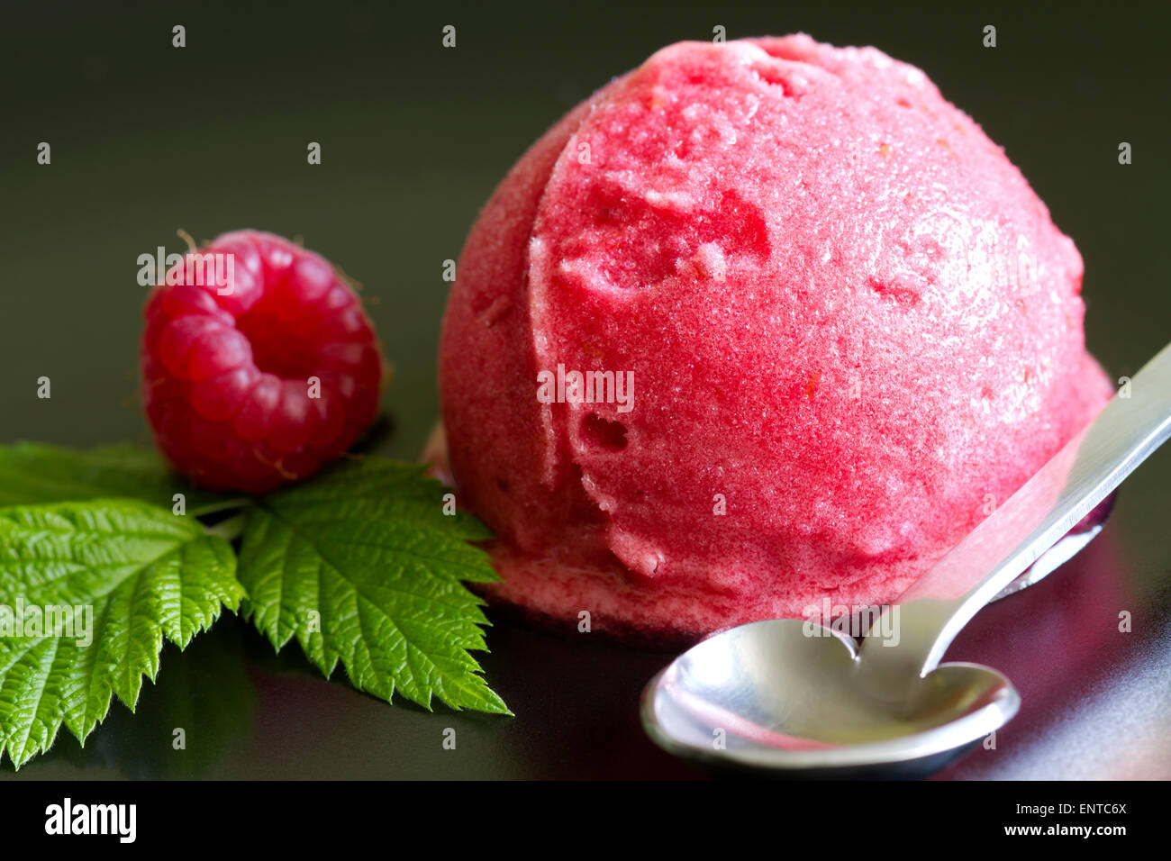 Convogliatore del gelato al lampone con frutta fresca e foglia verde closeup Foto Stock