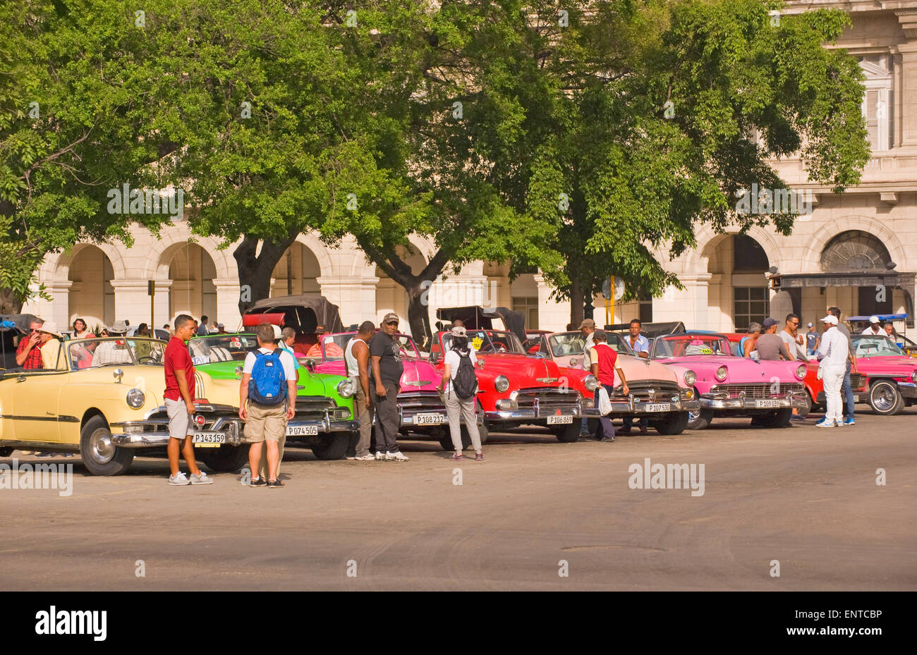 I turisti in cerca di vecchie automobili americane, ora i taxi, a l'Avana, Cuba Foto Stock