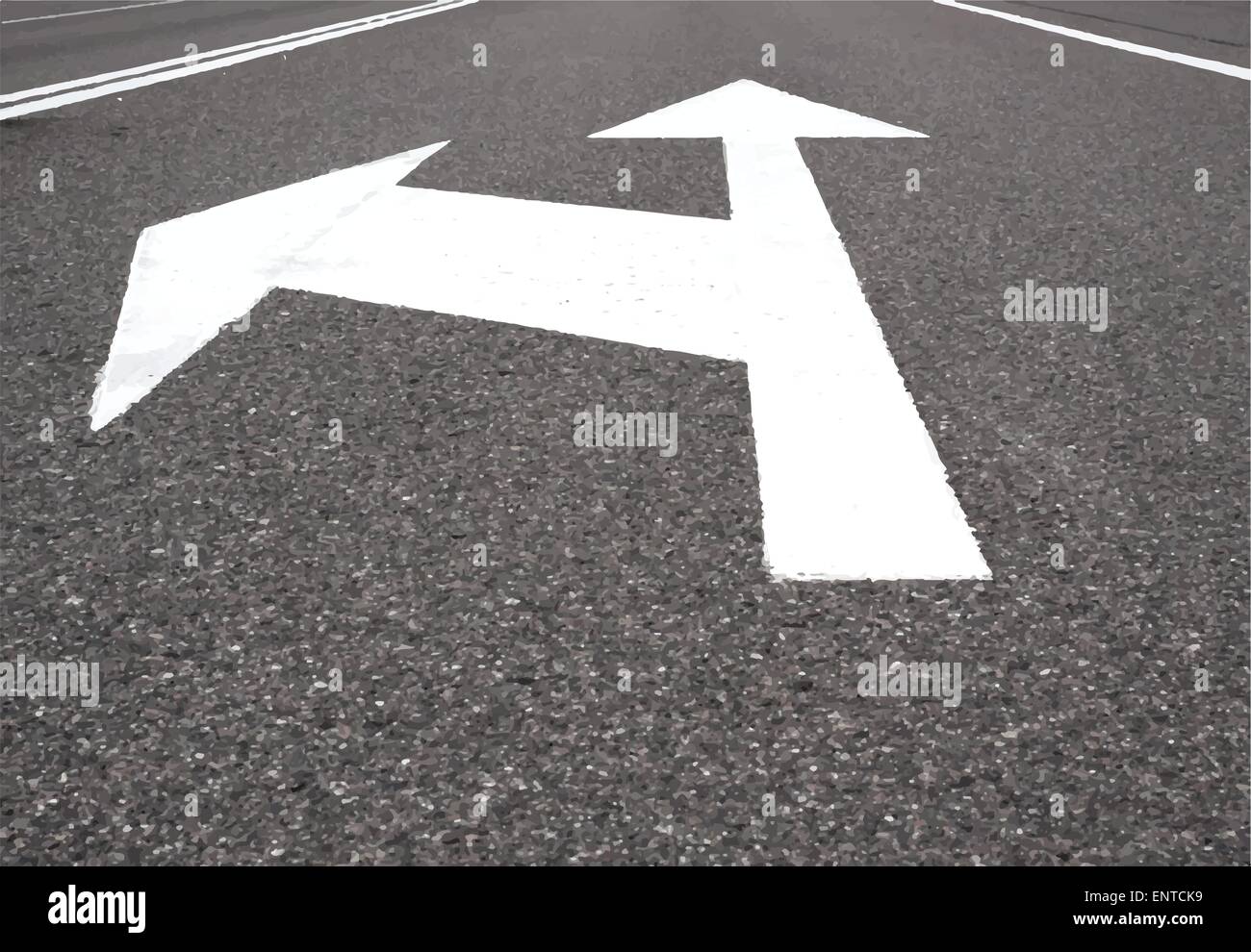 Freccia bianca mostra a sinistra e dritto nero su strada asfaltata. Illustrazione Vettoriale