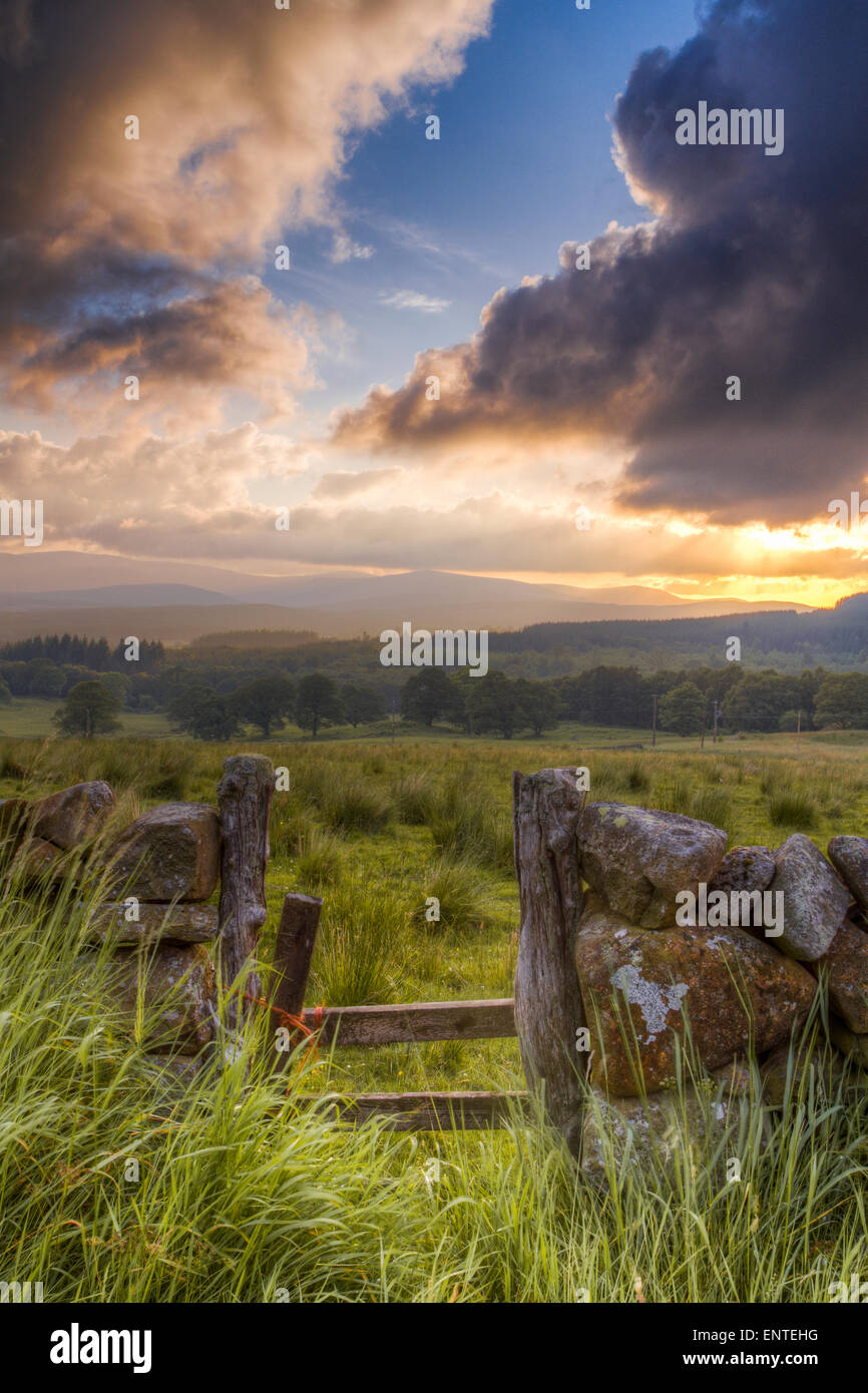 Tramonto sul paesaggio delle colline di Galloway, Dumfries and Galloway, Scotland, Regno Unito Foto Stock