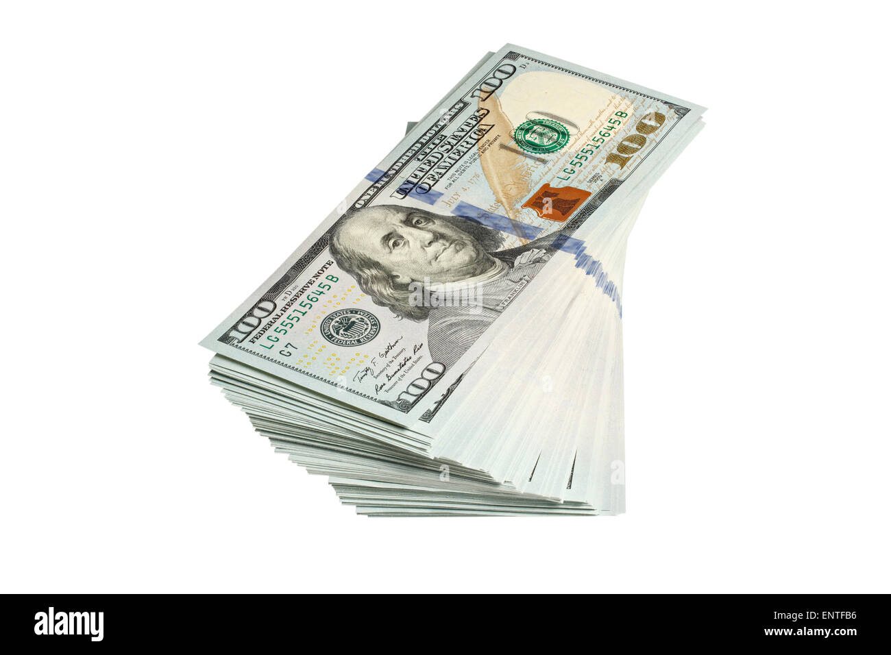 Pila di un centinaio di dollari banconote isolato su bianco con tracciato di ritaglio Foto Stock