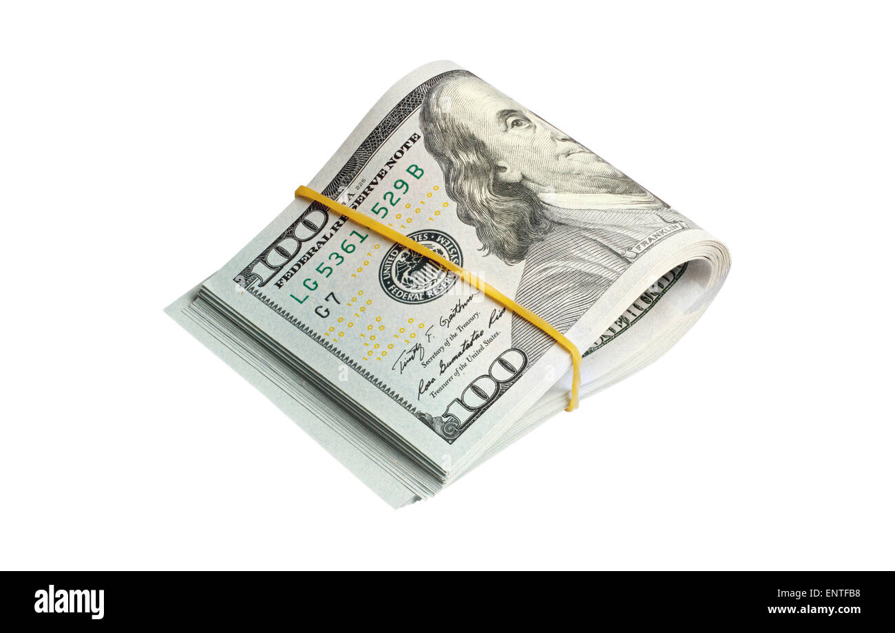 Mazzetto di un centinaio di dollari banconote isolato su sfondo bianco con tracciato di ritaglio Foto Stock