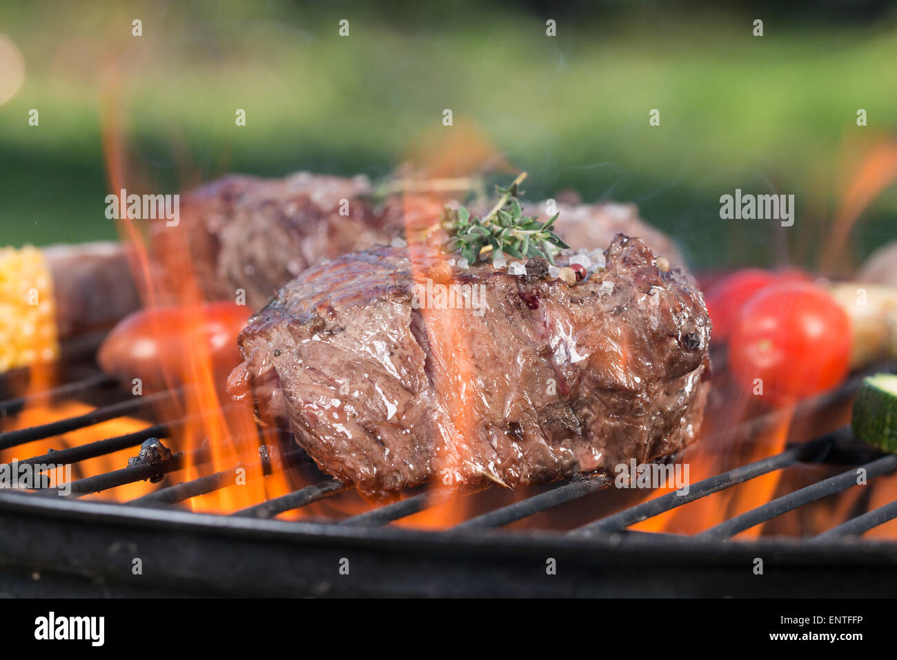 Deliziosa bistecca di manzo sulla griglia nel giardino, close-up Foto Stock