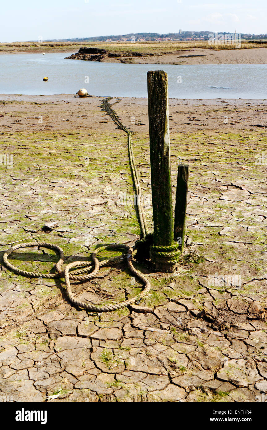 Un post e la corda per ormeggio piccole imbarcazioni nel torrente a Morston, Norfolk, Inghilterra, Regno Unito. Foto Stock