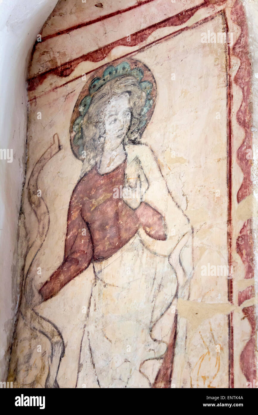 Pittura murale medioevale di Santa Caterina di Alessandria nella rientranza del coro la parete nord, Hailes Chiesa, Winchcombe, Inghilterra Foto Stock