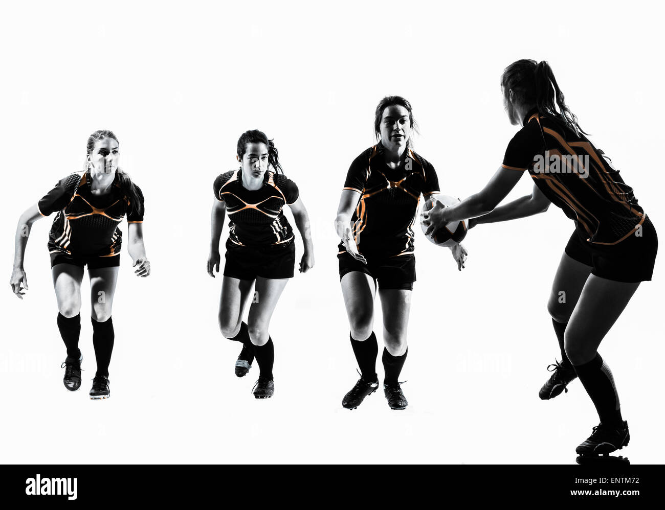 Rugby donne squadra di giocatori in silhouette isolato su bianco backround Foto Stock