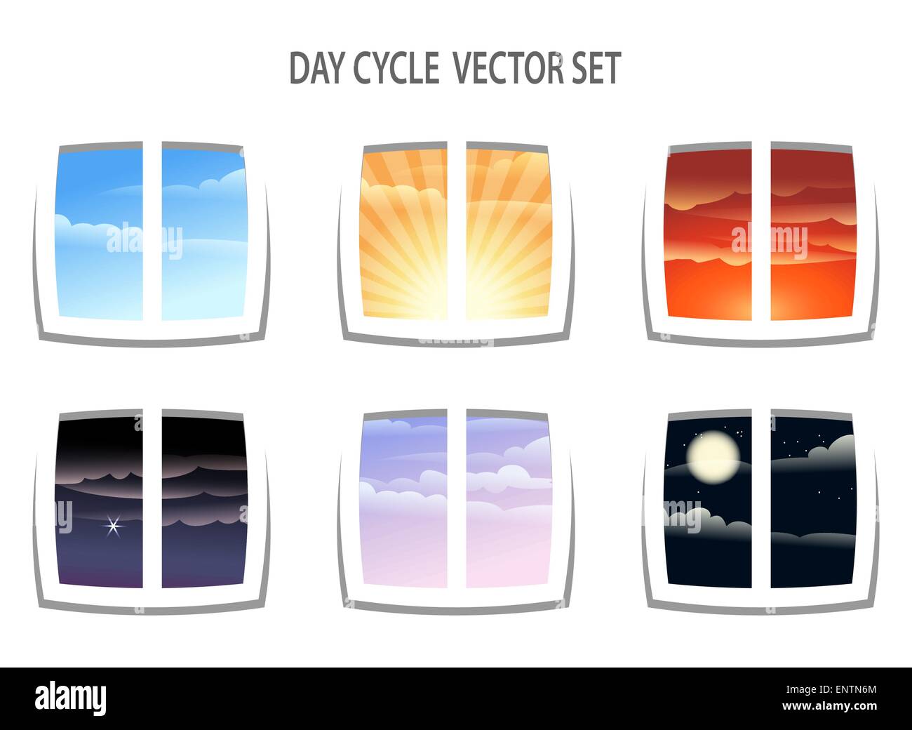 Set di 6 giornata a Colori le immagini del ciclo. Orari diversi del giorno dalla visualizzazione della finestra. Isolato su sfondo bianco. Illustrazione Vettoriale