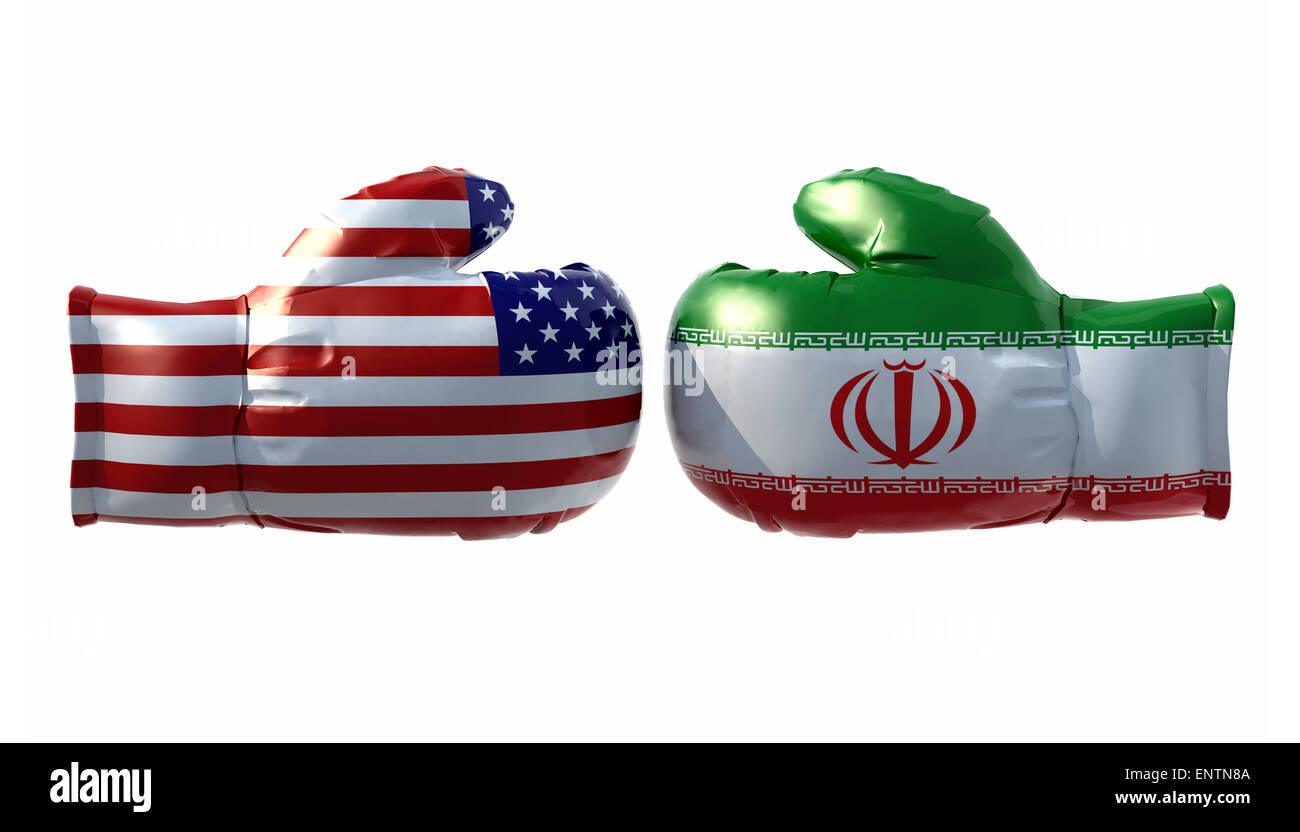 I guantoni con Stati Uniti e Iran bandiera, isolato 3d illustrazione Foto Stock