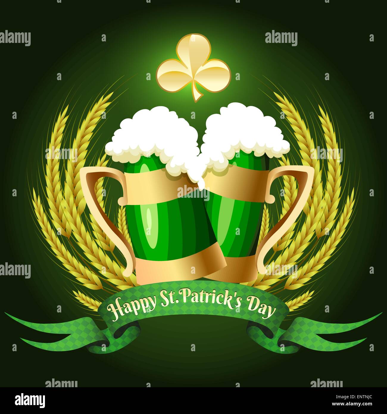 Illustrazione della coppia di verde boccali da birra, orzo orecchie e saluto Saint Patricks giorno banner Illustrazione Vettoriale