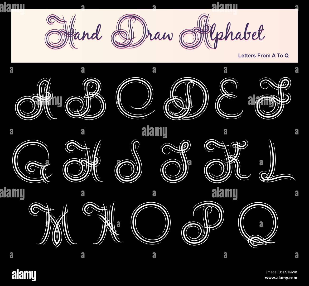 Disegnare a mano alfabeto. Lettere da r a z e numeri. Isolato su sfondo nero. Illustrazione Vettoriale