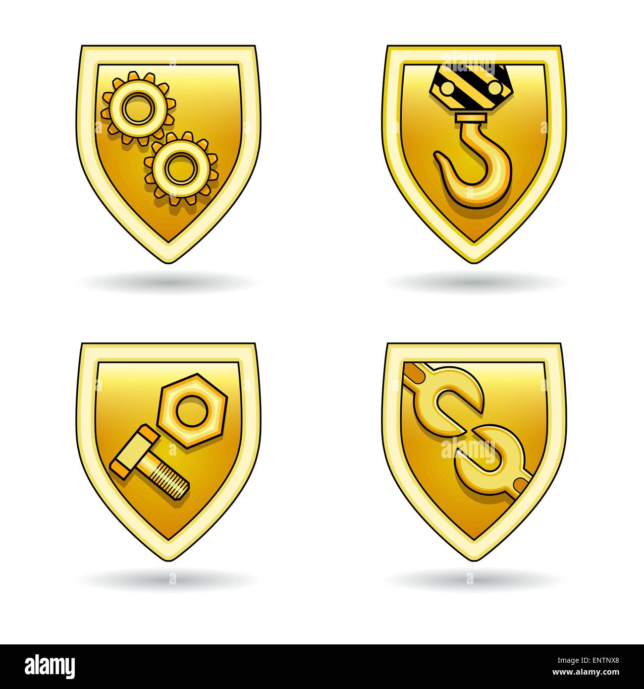 Set di vettore di golden scudi con elementi industriali Illustrazione Vettoriale