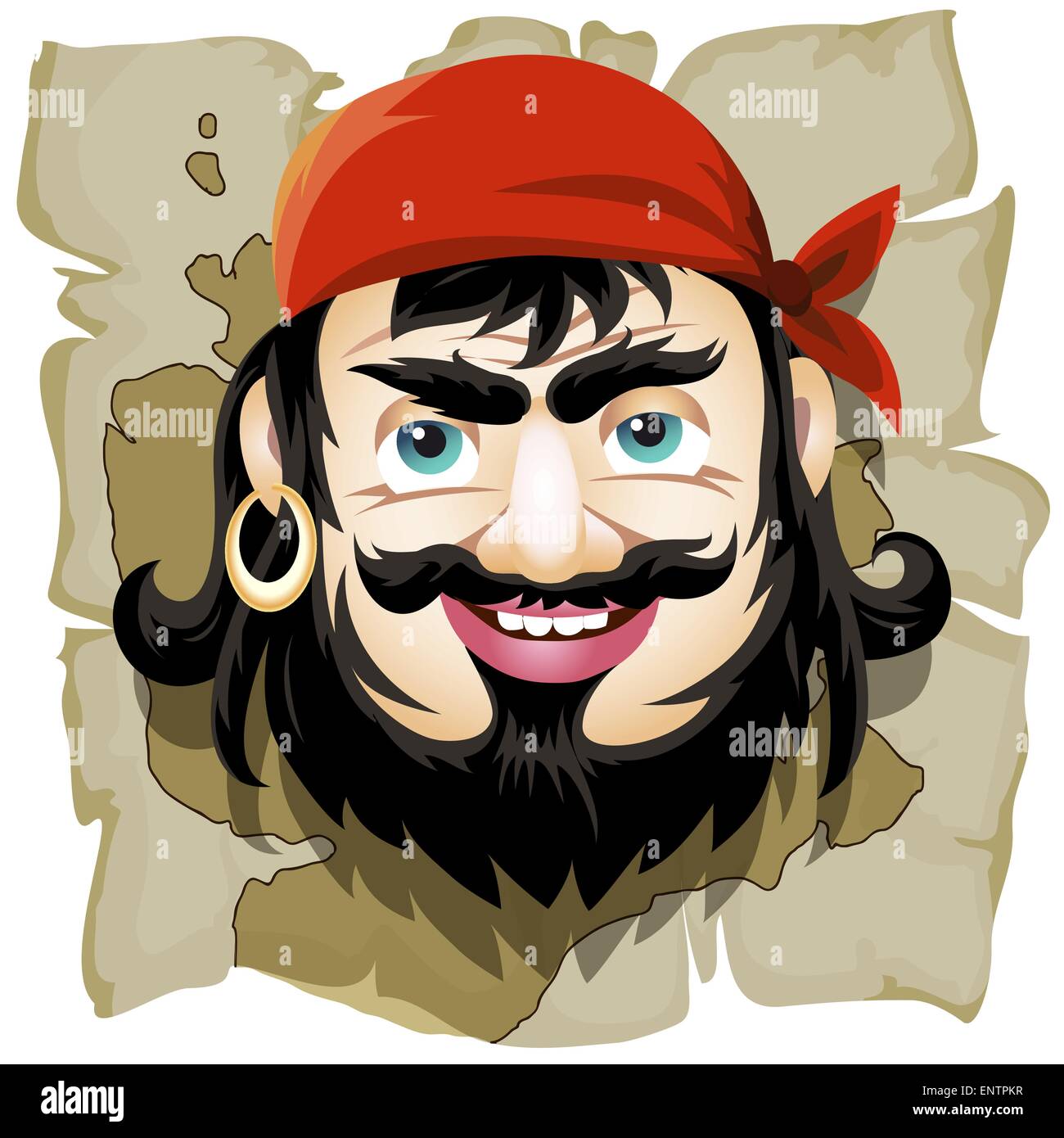 Pirata sorridente contro un tesoro mappa disegnata in stile cartoon. Isolato su sfondo bianco. Illustrazione Vettoriale