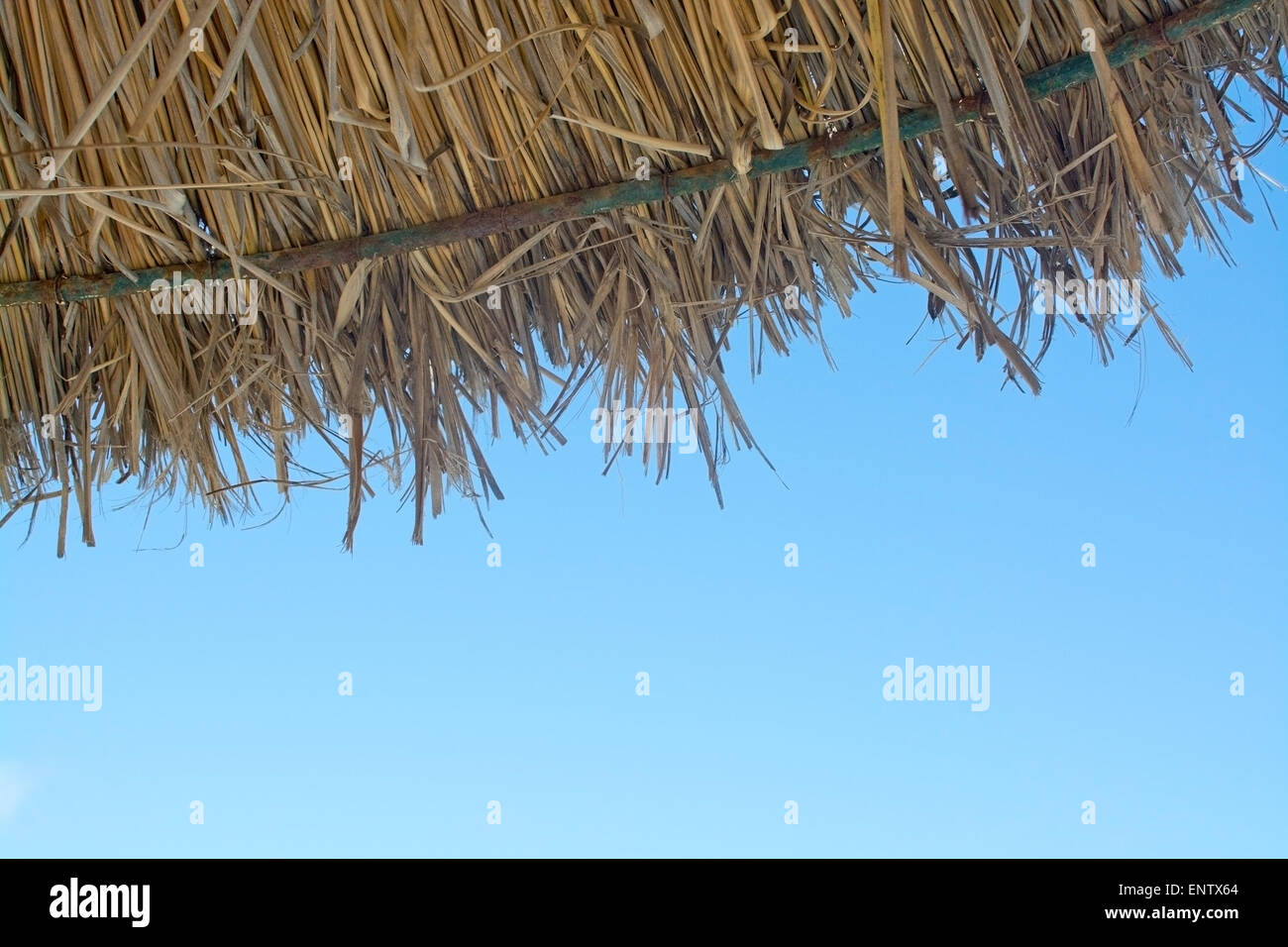 Dettaglio di ombrelloni di paglia e cielo blu spazio copia. Maiorca, isole Baleari, Spagna. Foto Stock