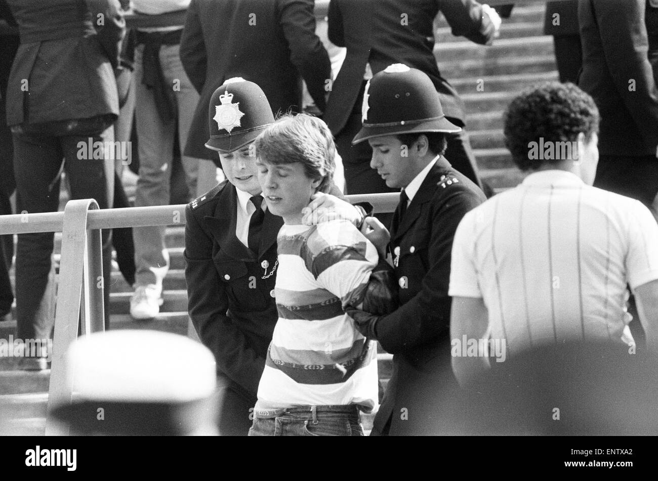 La violenza della folla durante l'Arsenal v Liverpool league a Highbury, sabato 4 settembre 1982. Nella foto: Sostenitori sotto arresto. Punteggio finale: Arsenal 0-2 Liverpool Foto Stock