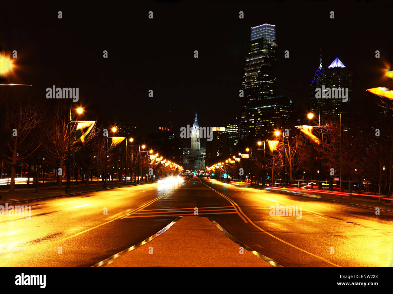 La città di Philadelphia center di notte Foto Stock