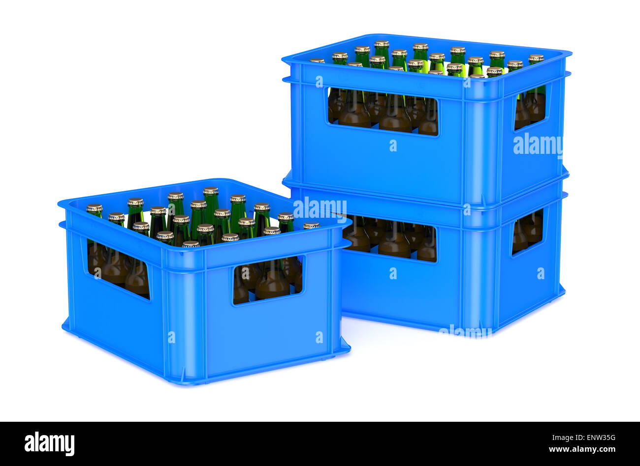 Cassa blu pieno con bottiglie di birra isolato su sfondo bianco Foto Stock