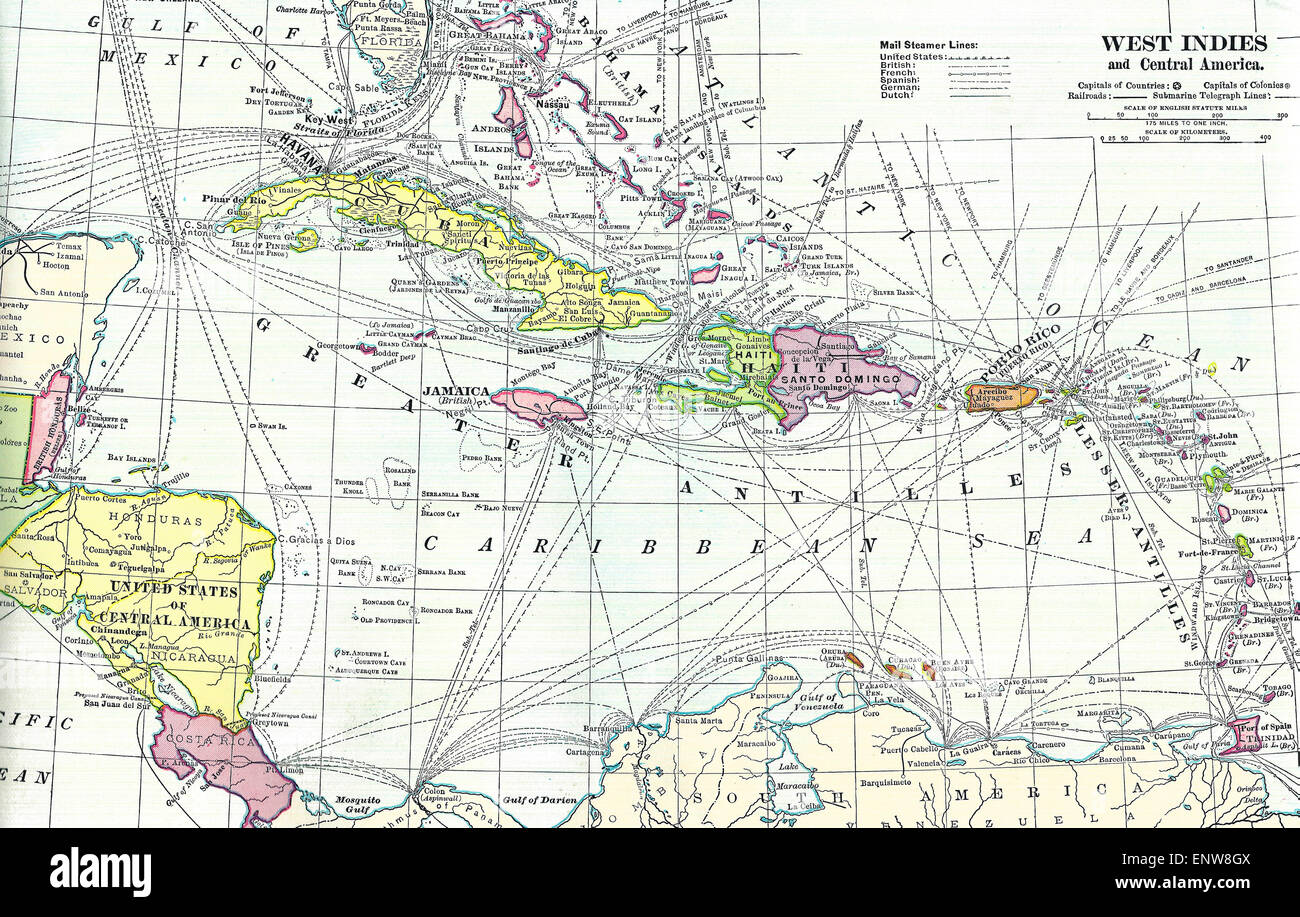 Mappa di West Indies al momento della spagnola guerra americana con Mail percorsi vaporizzatore Foto Stock