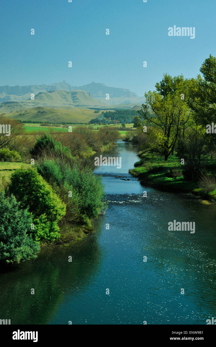 Vista in lontananza Hodgsons picchi in prossimità Sani passare oltre il fiume mZimkulu nel sud del Drakensberg, vicino alla cittadina di Underberg, KwaZulu-Natal Foto Stock