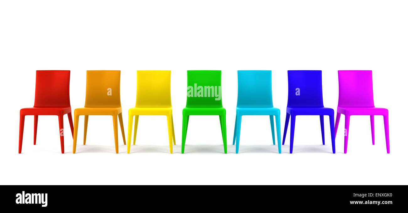Molte sedie di colore isolato su sfondo bianco Foto Stock