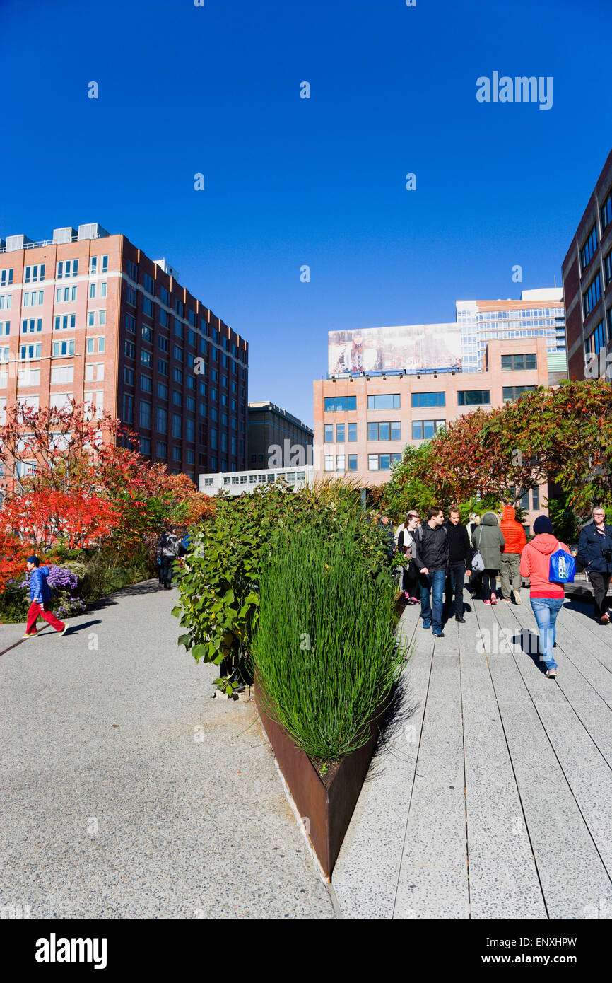 Stati Uniti d'America, New York Manhattan, gente camminare lungo il prendisole accanto a piante in autunno colori che conduce al mercato Chelsea passaggio sulla linea alta parco lineare su un disuso ferrovia sopraelevata sperone chiamato lato ovest linea. Foto Stock