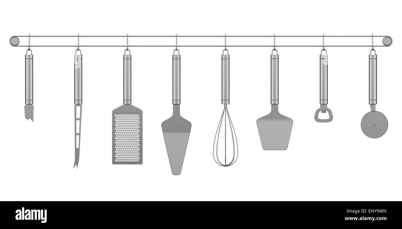 Impostare metalliche per utensili da cucina isolato su bianco Foto Stock