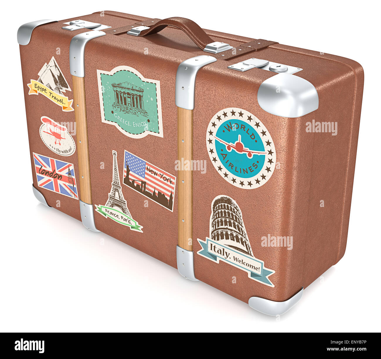Valigetta in pelle con retro adesivi di viaggio. Foto Stock