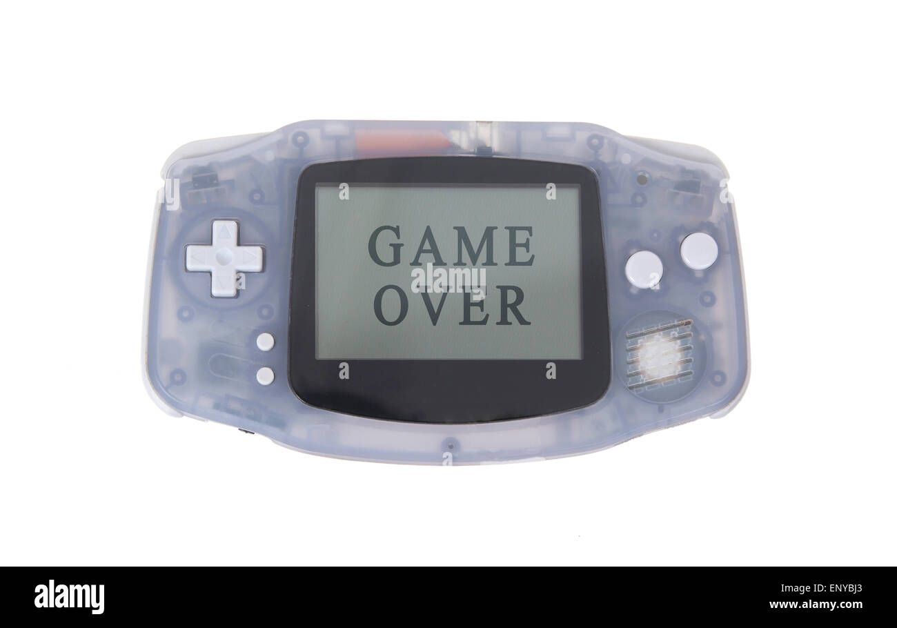 Old Dirty console di gioco portatili con un piccolo schermo - game over Foto Stock