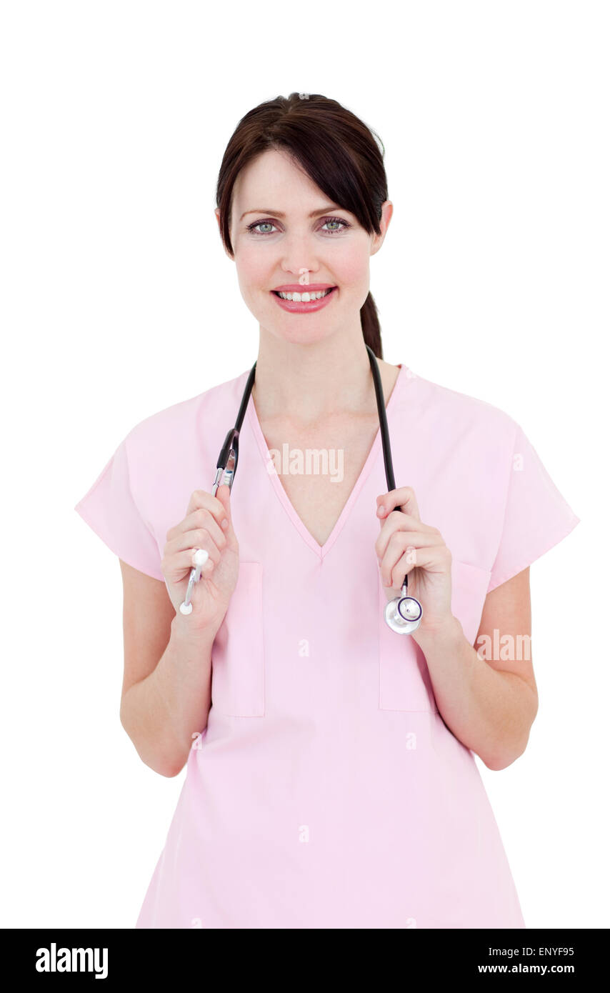 Ritratto di un infermiere sorridente tenendo uno stetoscopio Foto Stock