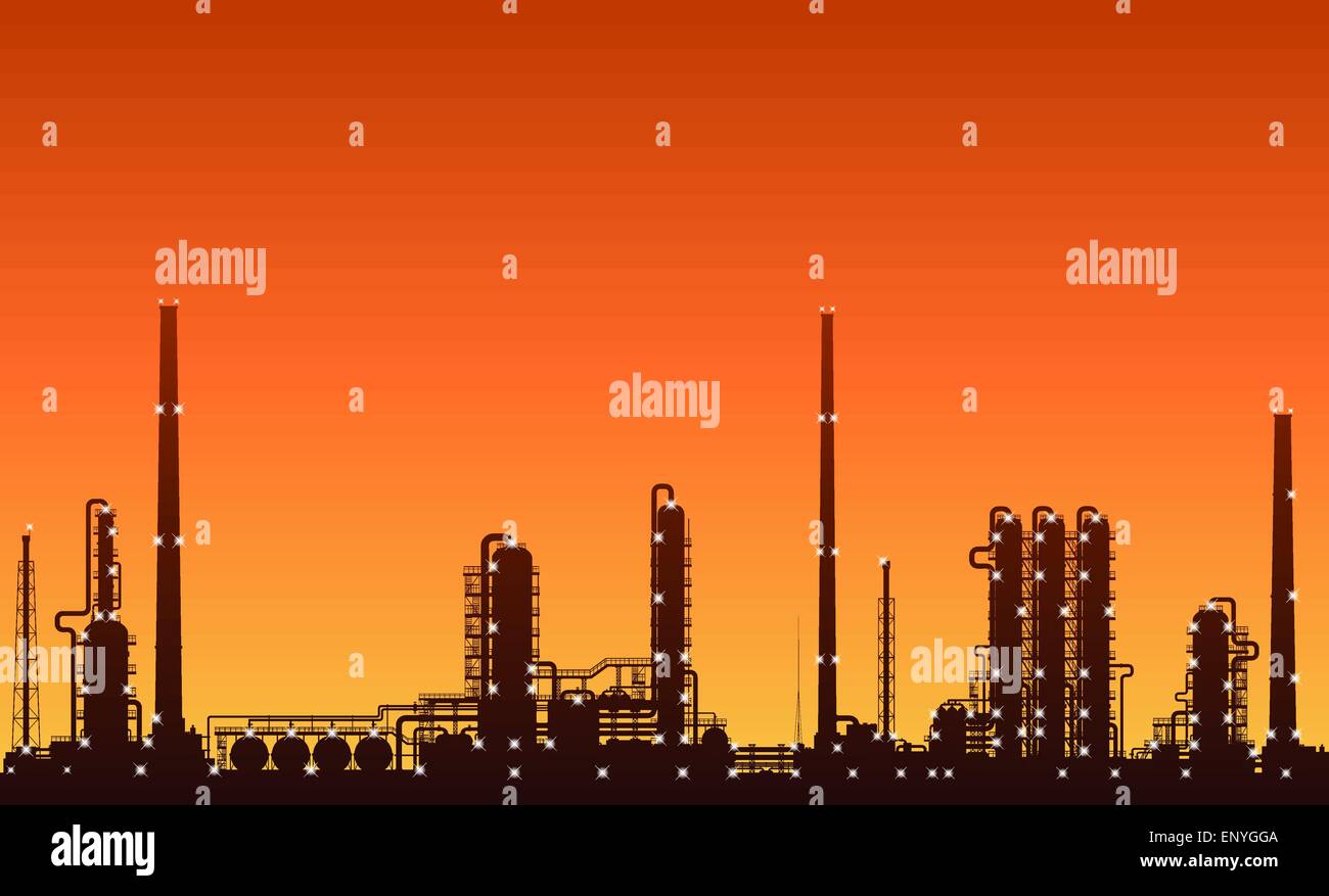 Raffineria di petrolio o impianto chimico silhouette con le luci della notte su al tramonto. Dettagliata illustrazione vettoriale. Illustrazione Vettoriale