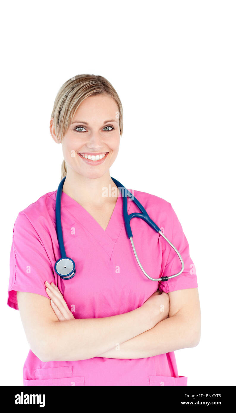 Sicuro di sé le infermiere contro uno sfondo bianco con uno stetoscopio Foto Stock