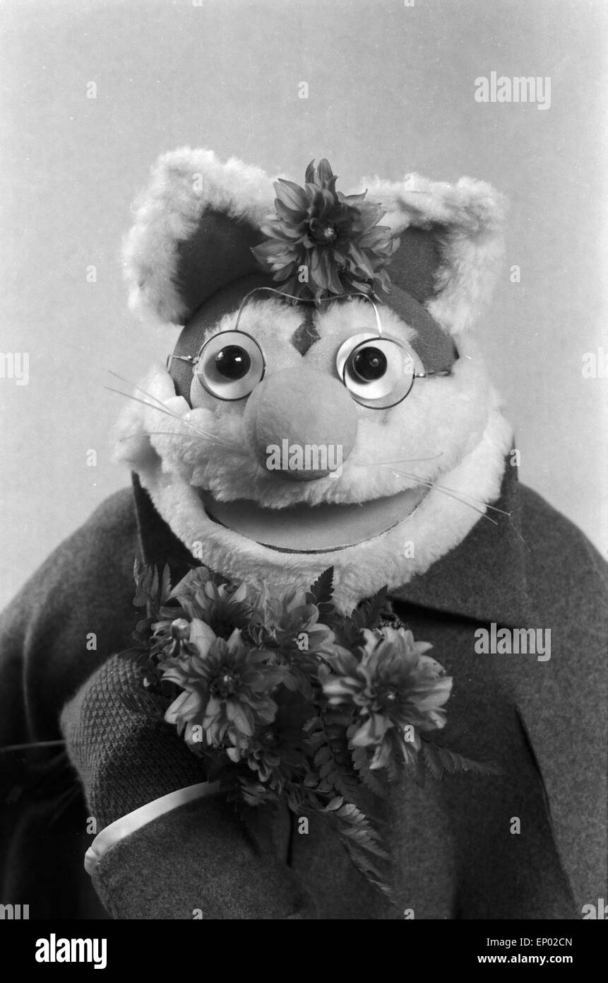 Emm wie Meikel, Kinderserie 1975 - 1978, Meikel Katzengreis bringt einen Blumenstrauß. Foto Stock