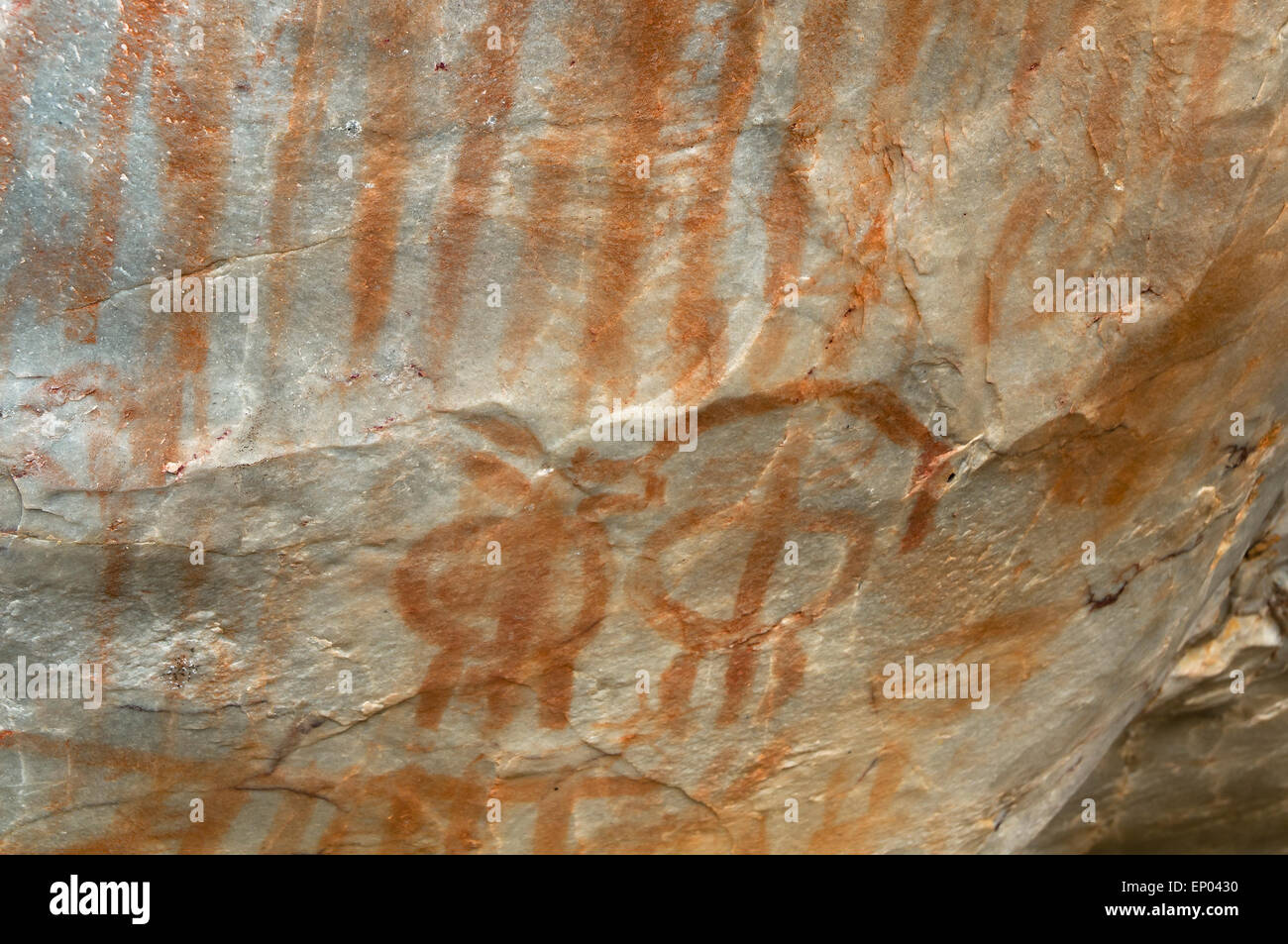 Vista schematica i dipinti rupestri, periodo calcolitico, Arroyo de San Servan, Badajoz, Estremadura, Spagna, Europa Foto Stock