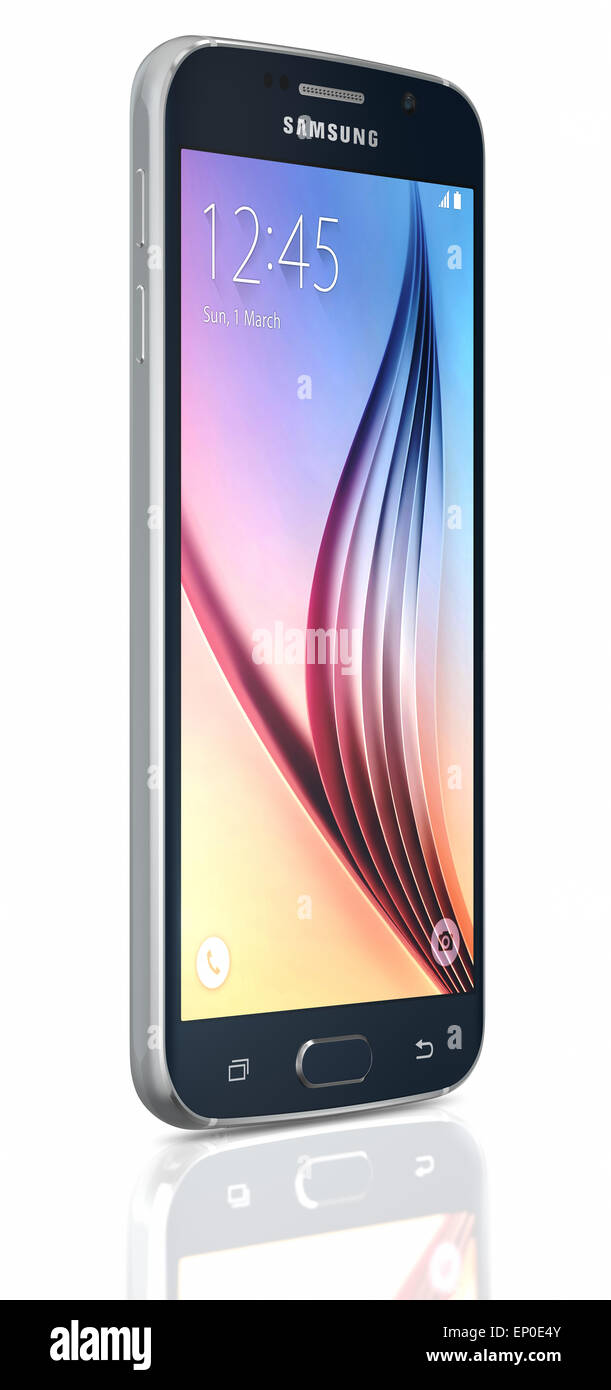 Black Sapphire Samsung Galaxy S6 smartphone su sfondo bianco. Foto Stock