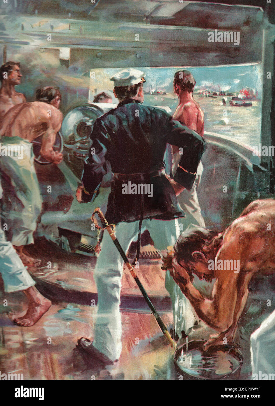 La battaglia della Baia di Manila - Scontri di cinque pollici pistola sul bordo della Olympia durante la spagnola guerra americana Foto Stock