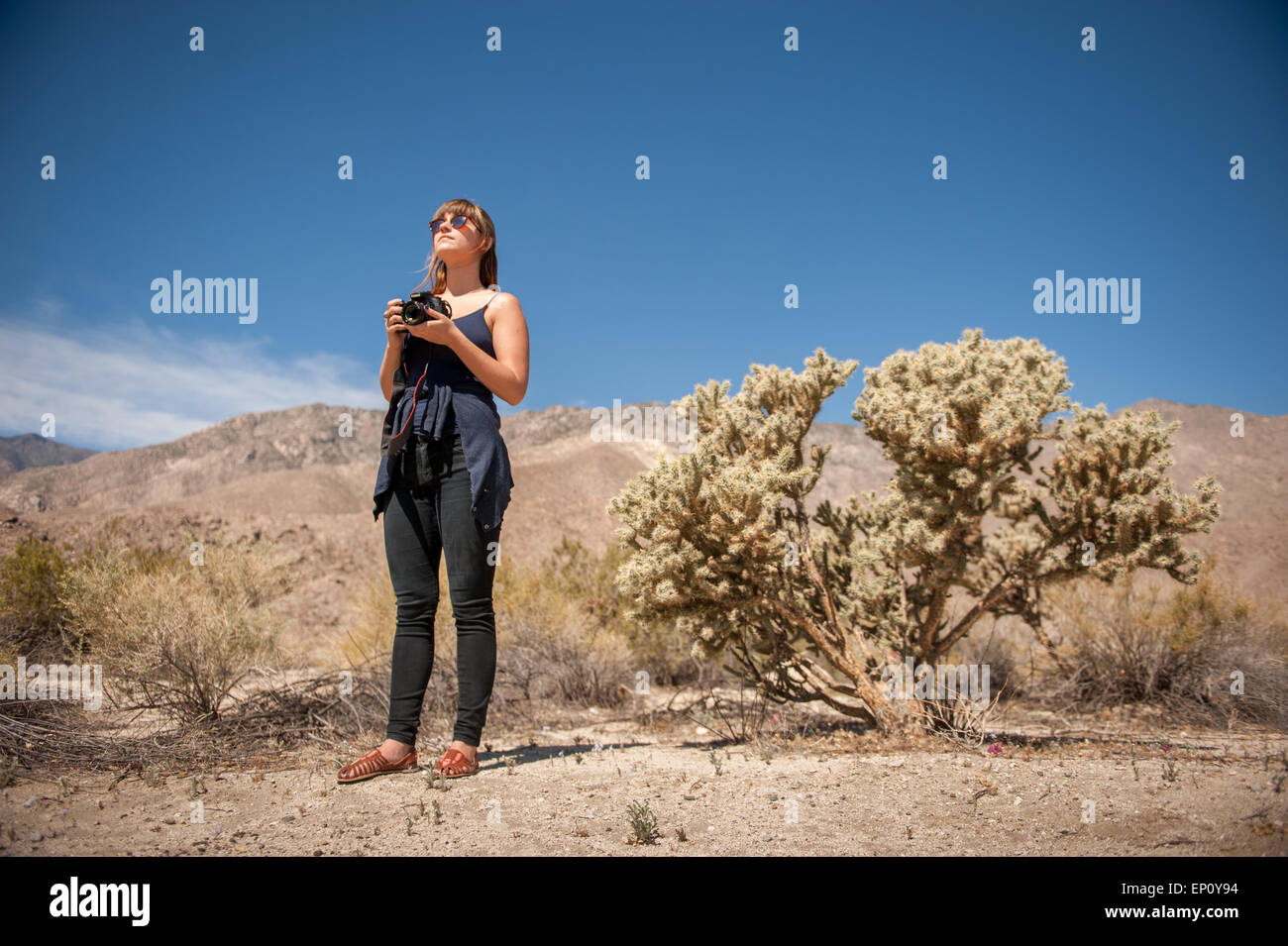Giovane donna tenere la fotocamera vicino a Palm Springs, California Foto Stock