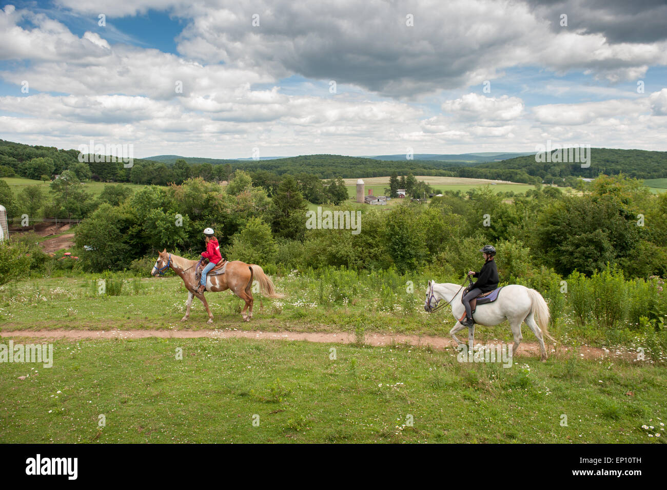 Giovani donne che sono il sentiero Equitazione su cavalli vicino a Oakland, Maryland, Stati Uniti d'America Foto Stock